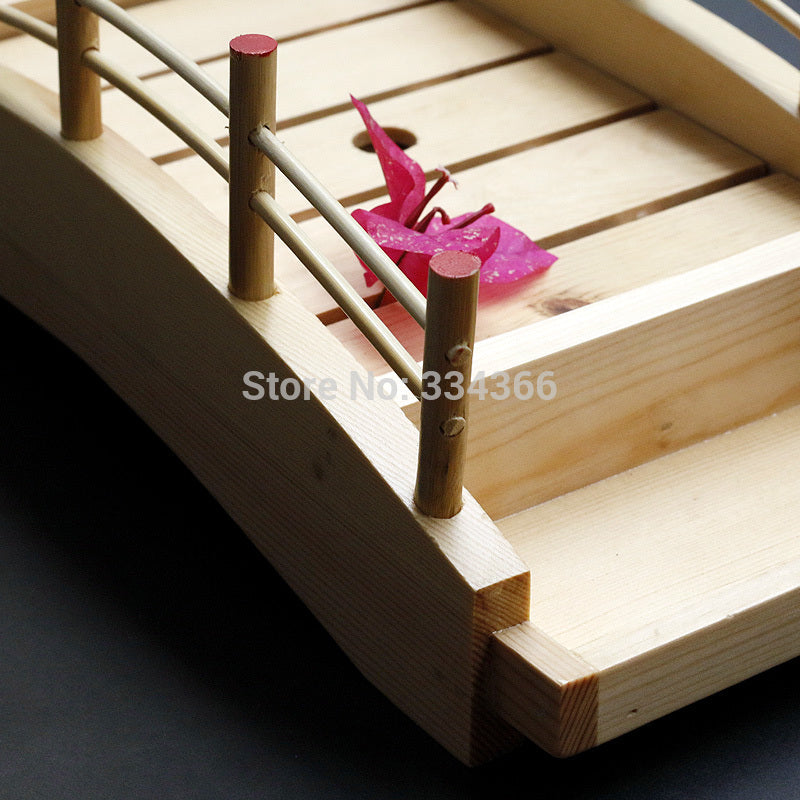 Japanese Wooden Sushi Boat Serving Tray with Drain Hole