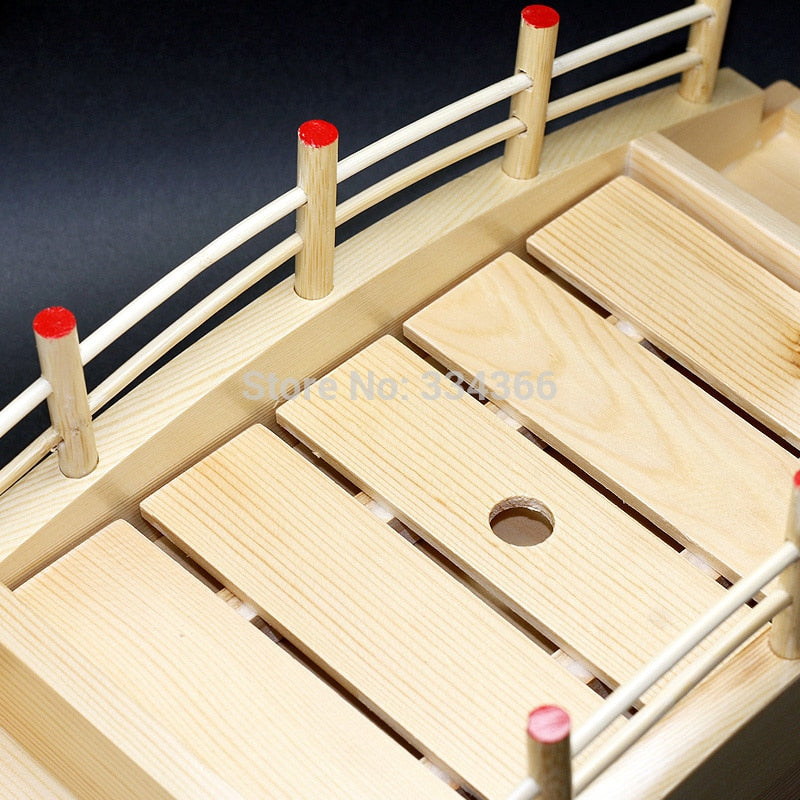 Japanese Wooden Sushi Boat Serving Tray with Drain Hole