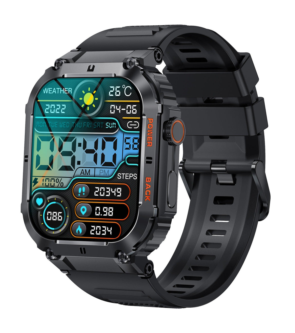Rugged Square Smartwatch with Heart Rate & Blood Oxygen