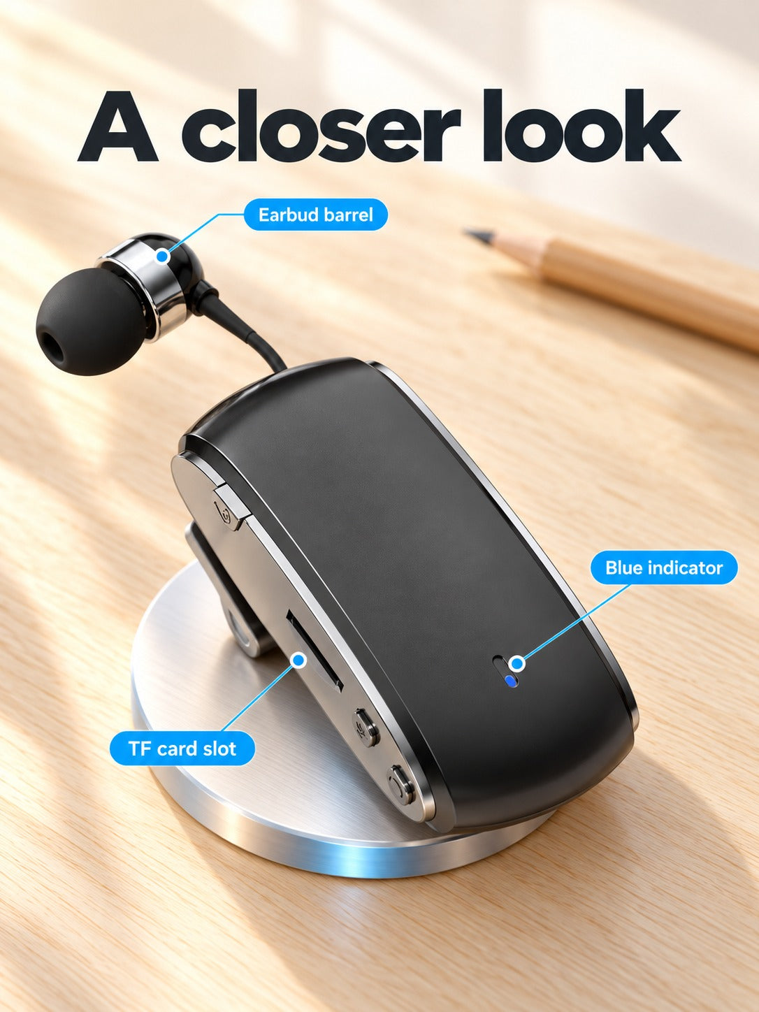 Retractable Wireless Earbud with Recorder & MP3 Player