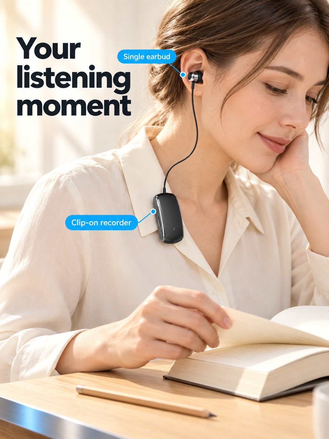 Retractable Wireless Earbud with Recorder & MP3 Player