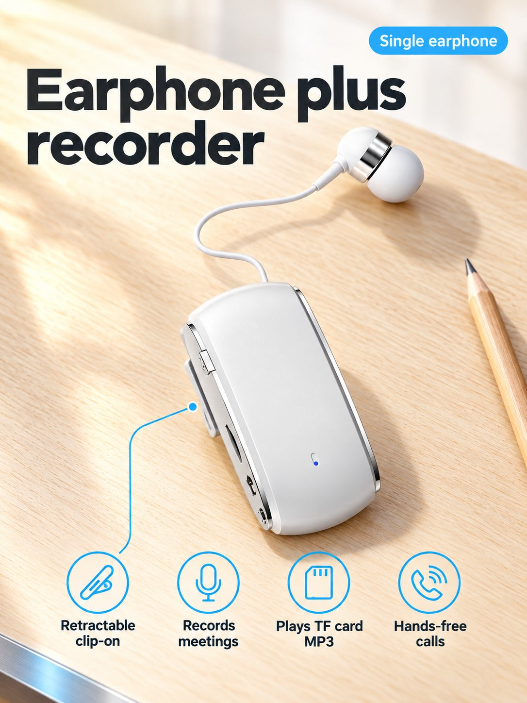 Retractable Wireless Earbud with Recorder & MP3 Player