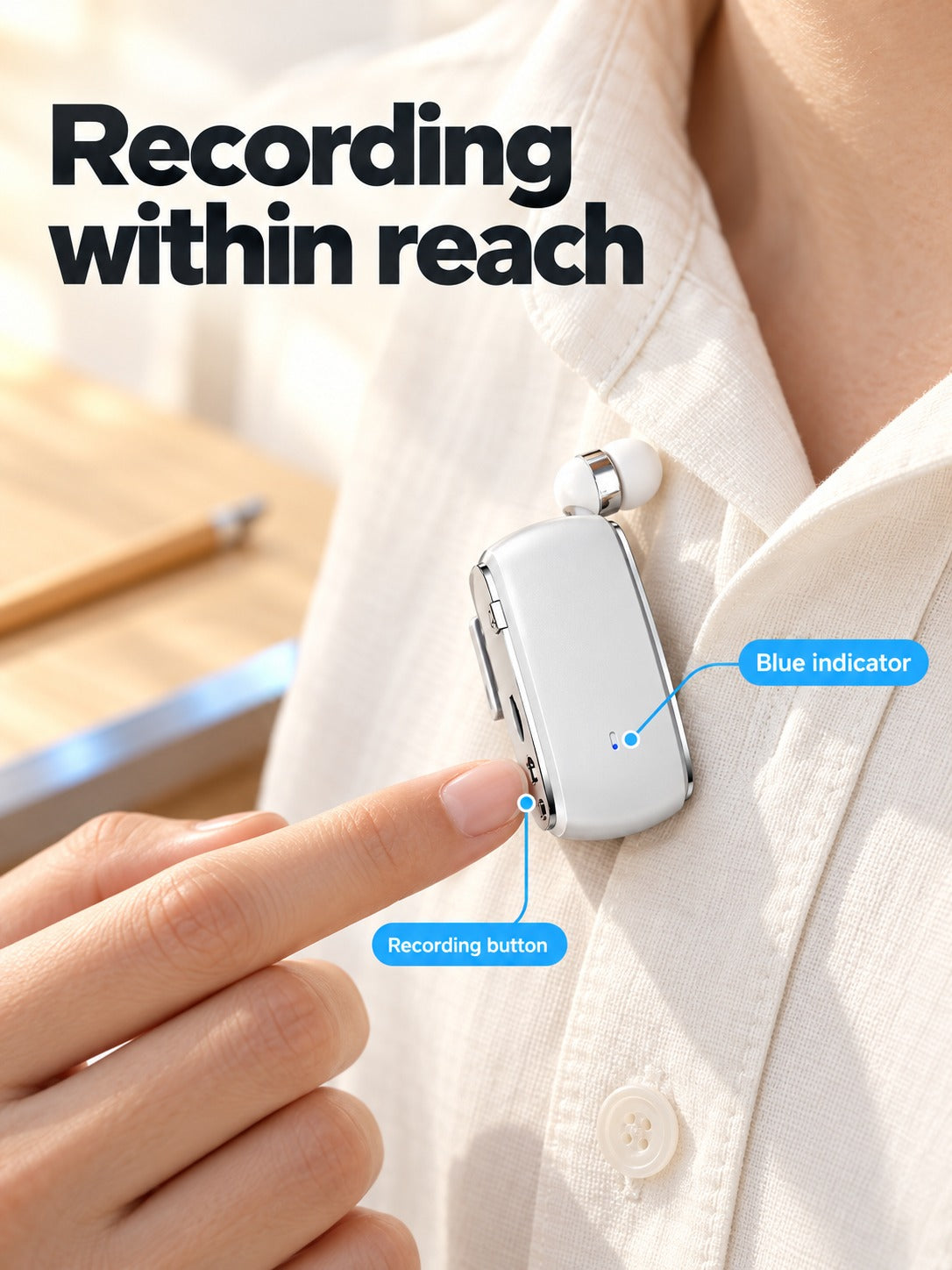 Retractable Wireless Earbud with Recorder & MP3 Player