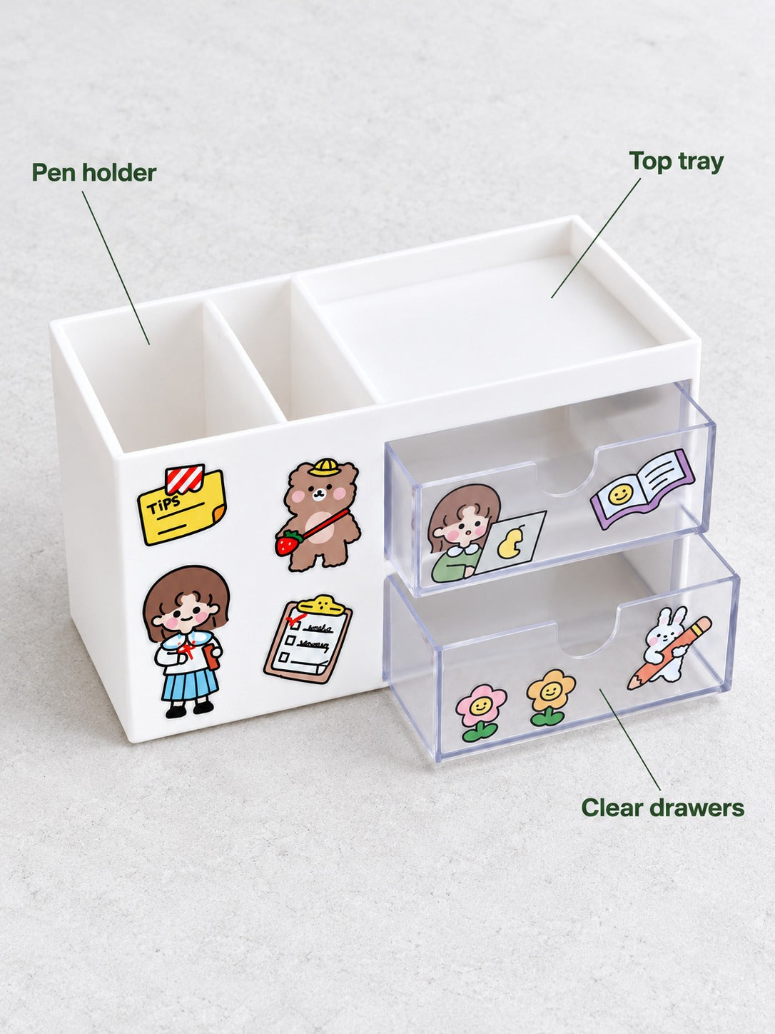 Kawaii Desk Organizer with Pen Holder and Clear Drawers