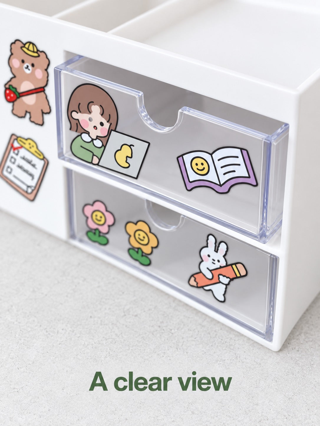 Kawaii Desk Organizer with Pen Holder and Clear Drawers