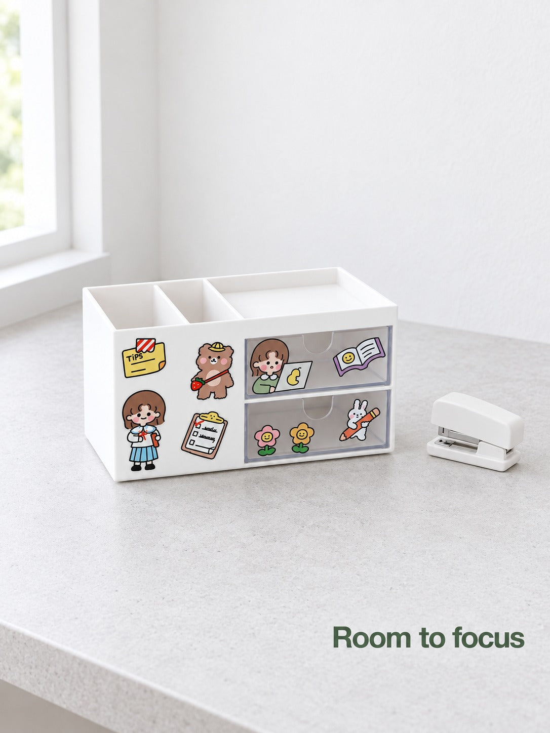 Kawaii Desk Organizer with Pen Holder and Clear Drawers
