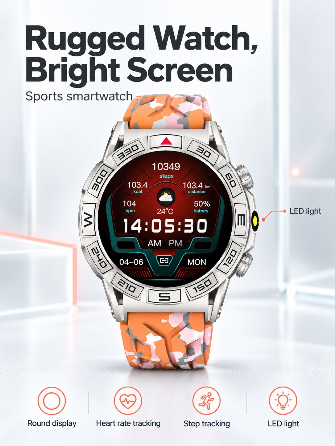 Rugged Sports Smartwatch with Heart Rate & Step Tracking