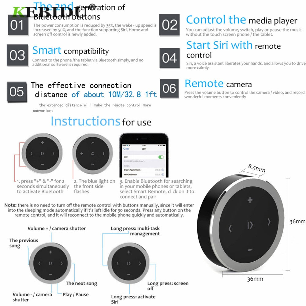 Wireless Bluetooth Steering Wheel Music Remote Control