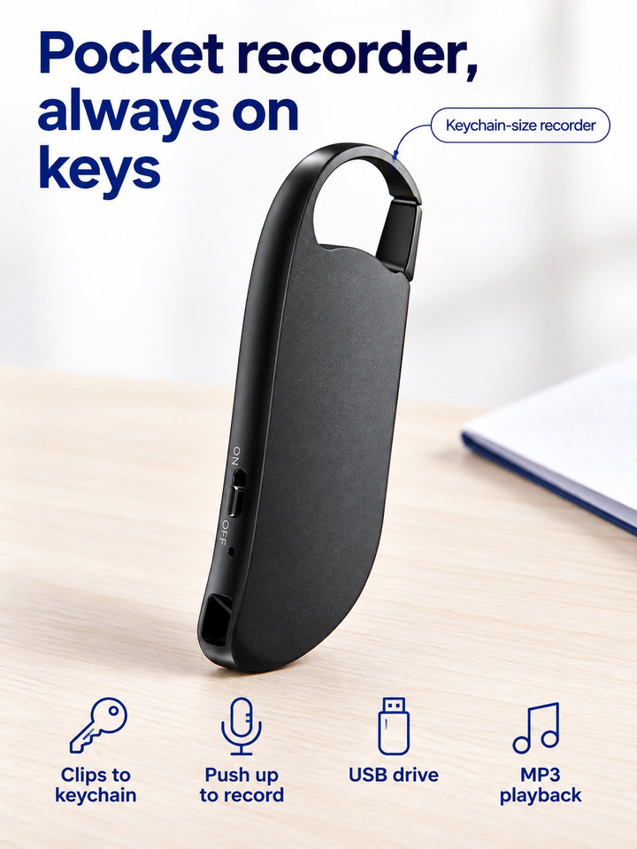 Keychain Voice Recorder with USB Drive and MP3 Playback