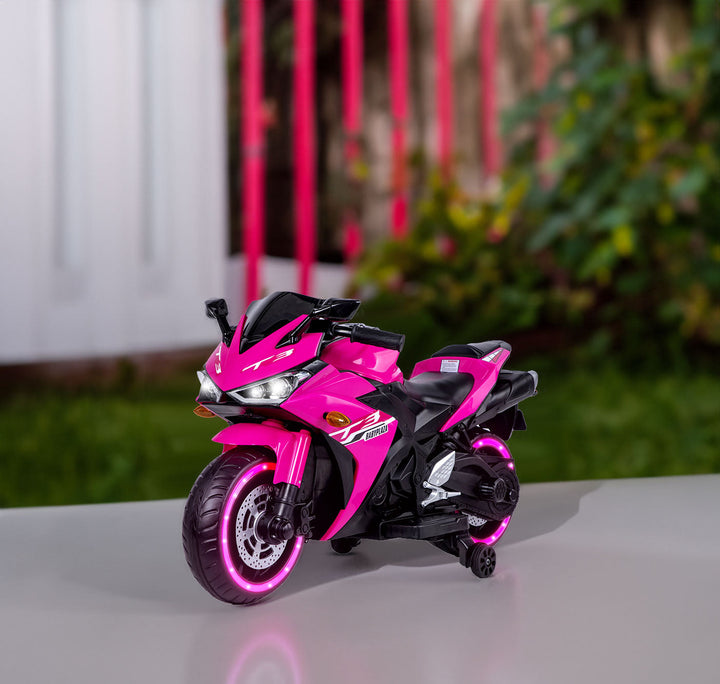 Kids 12V Ride-On Motorcycle With Training Wheels, Pink