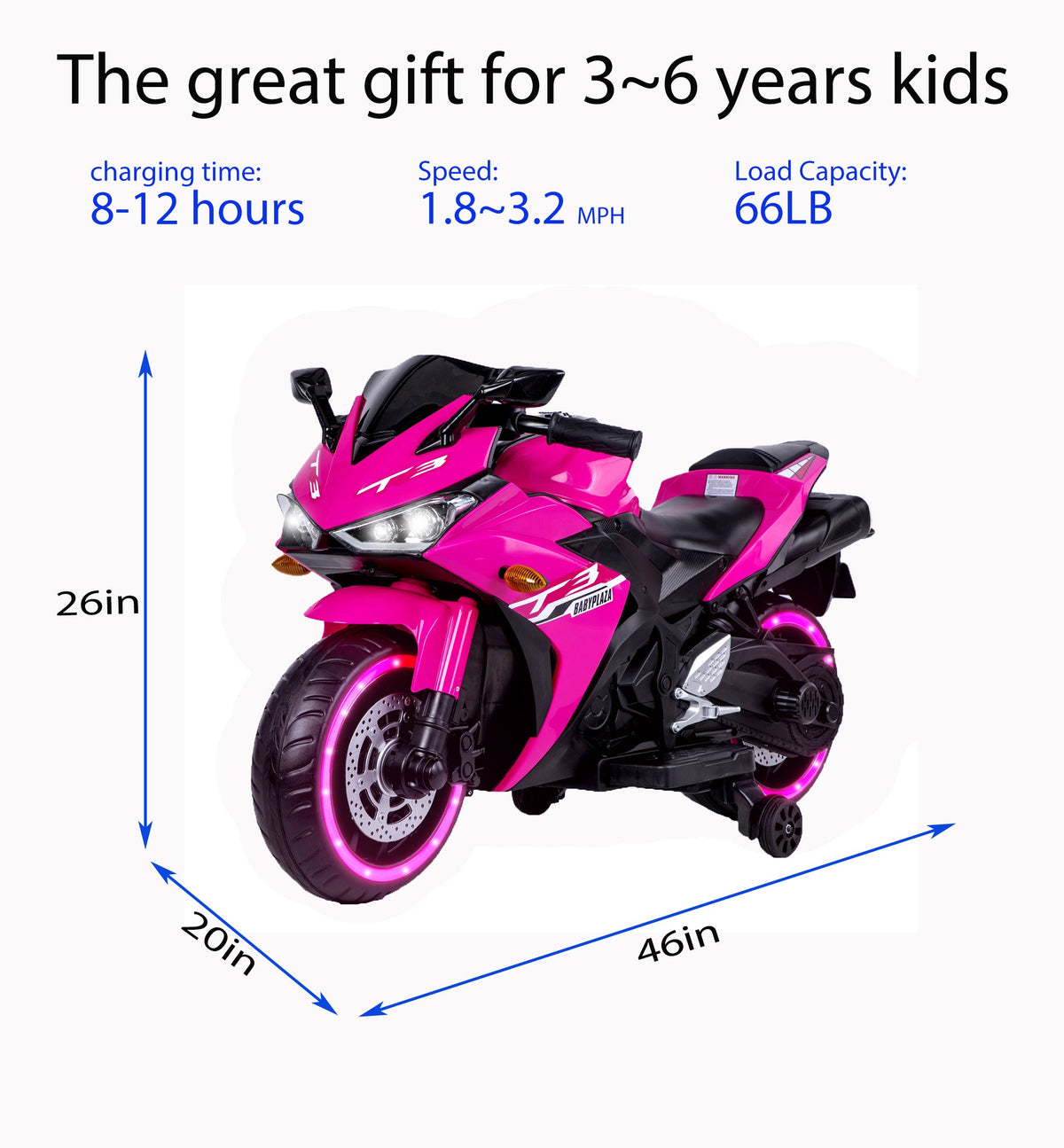 Kids 12V Ride-On Motorcycle With Training Wheels, Pink