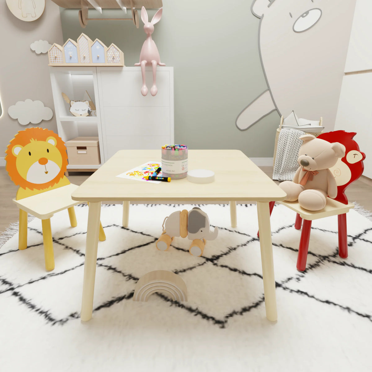 Toddler Table and Chair Set with Lion and Monkey Design