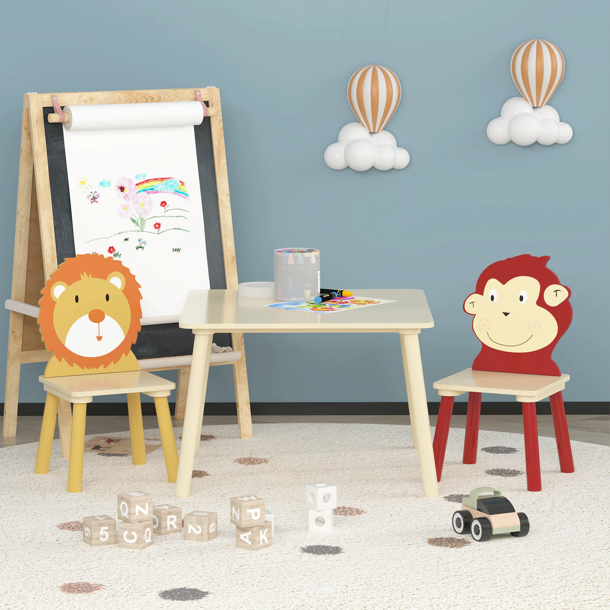 Toddler Table and Chair Set with Lion and Monkey Design