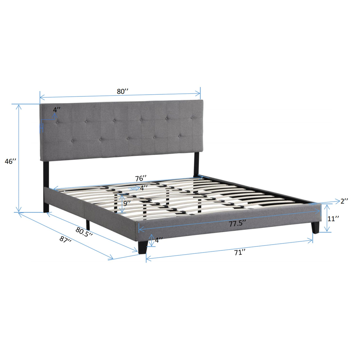 King Upholstered Bed Frame with Tufted Linen Headboard
