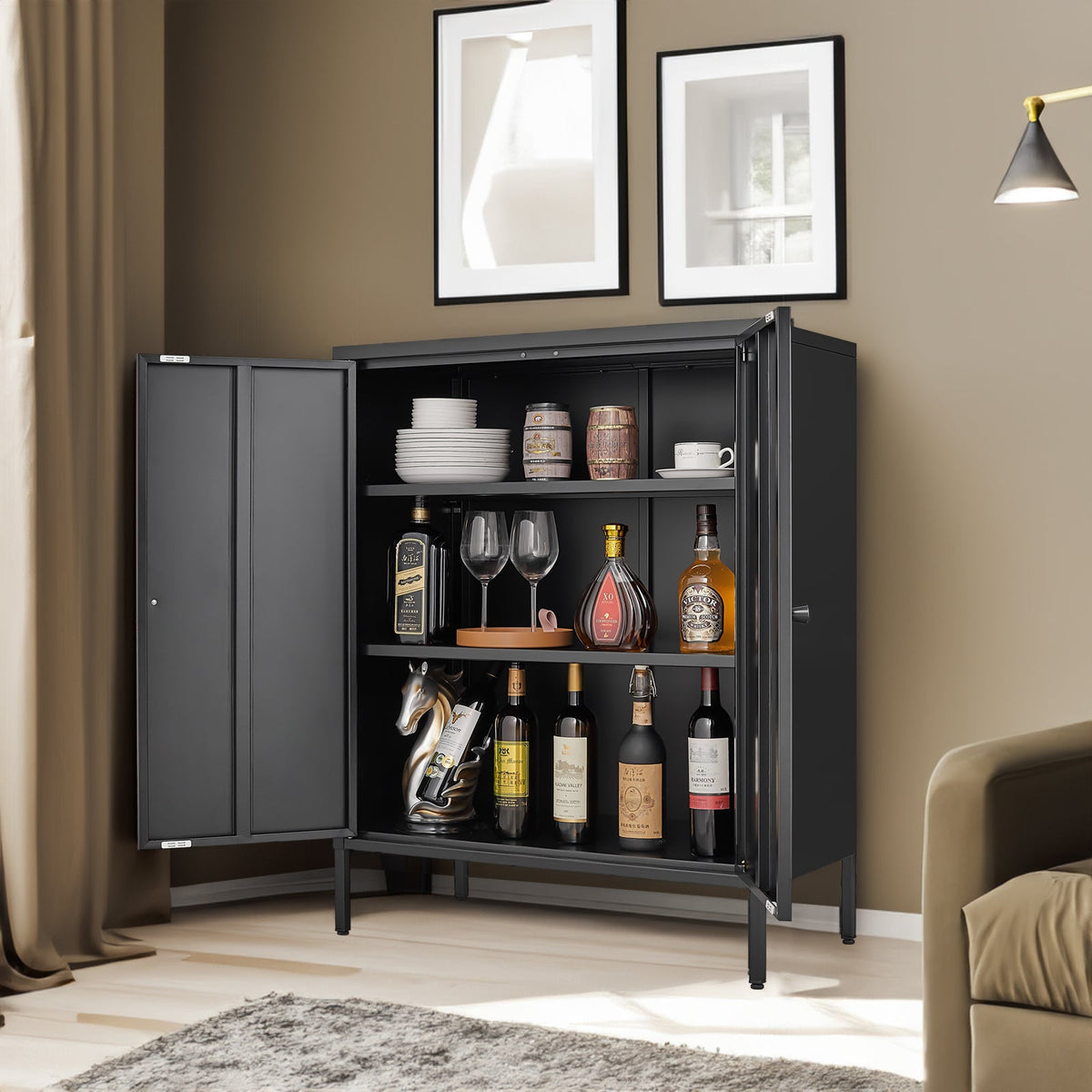 Black Steel Buffet Cabinet with Lockable Doors and Shelves