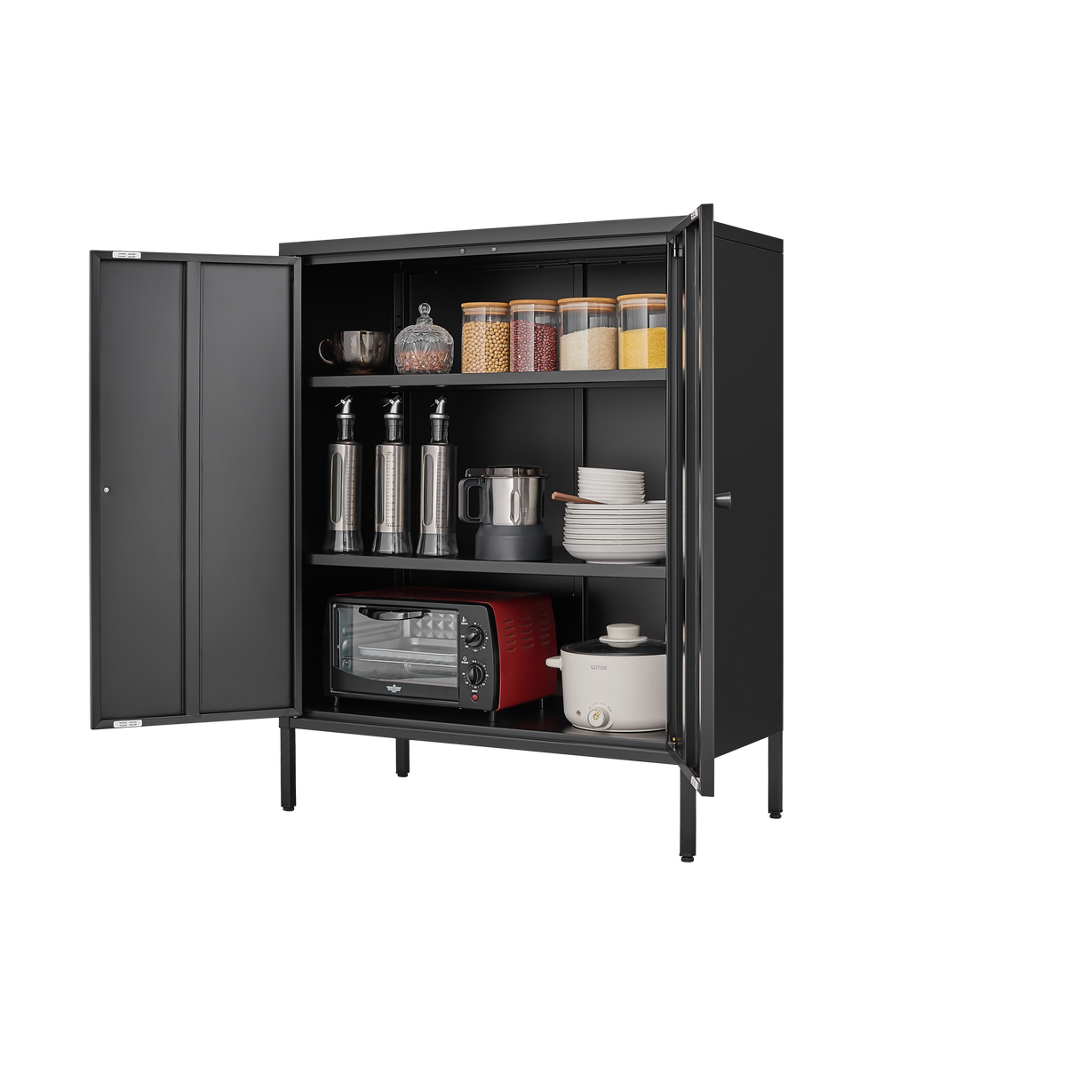 Black Steel Buffet Cabinet with Lockable Doors and Shelves