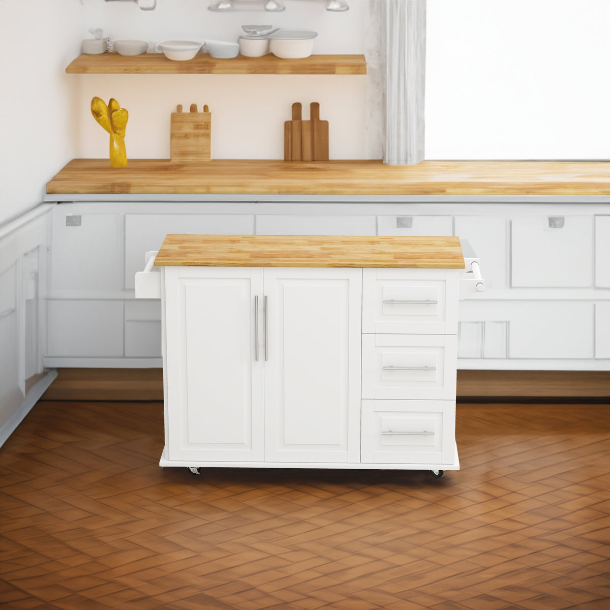 Rolling Kitchen Island Cart with Storage and Towel Bars
