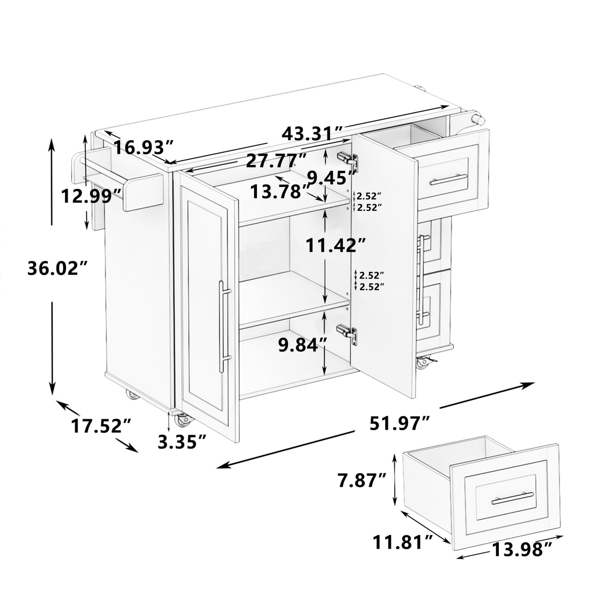 Rolling Kitchen Island Cart with Storage and Towel Bars