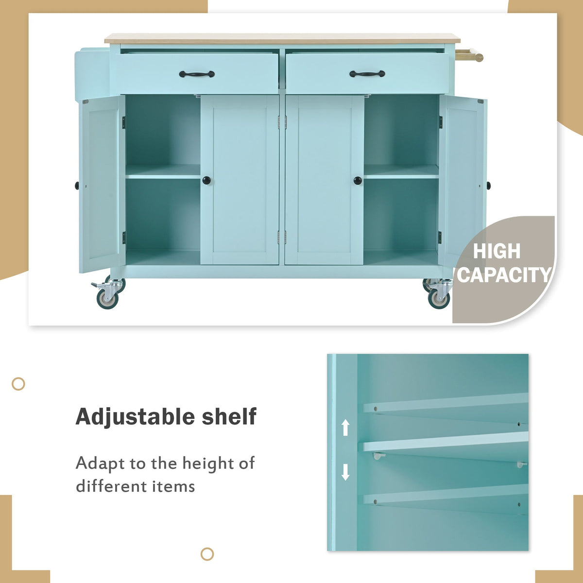 Rolling Kitchen Island Cart with Solid Wood Top & Storage