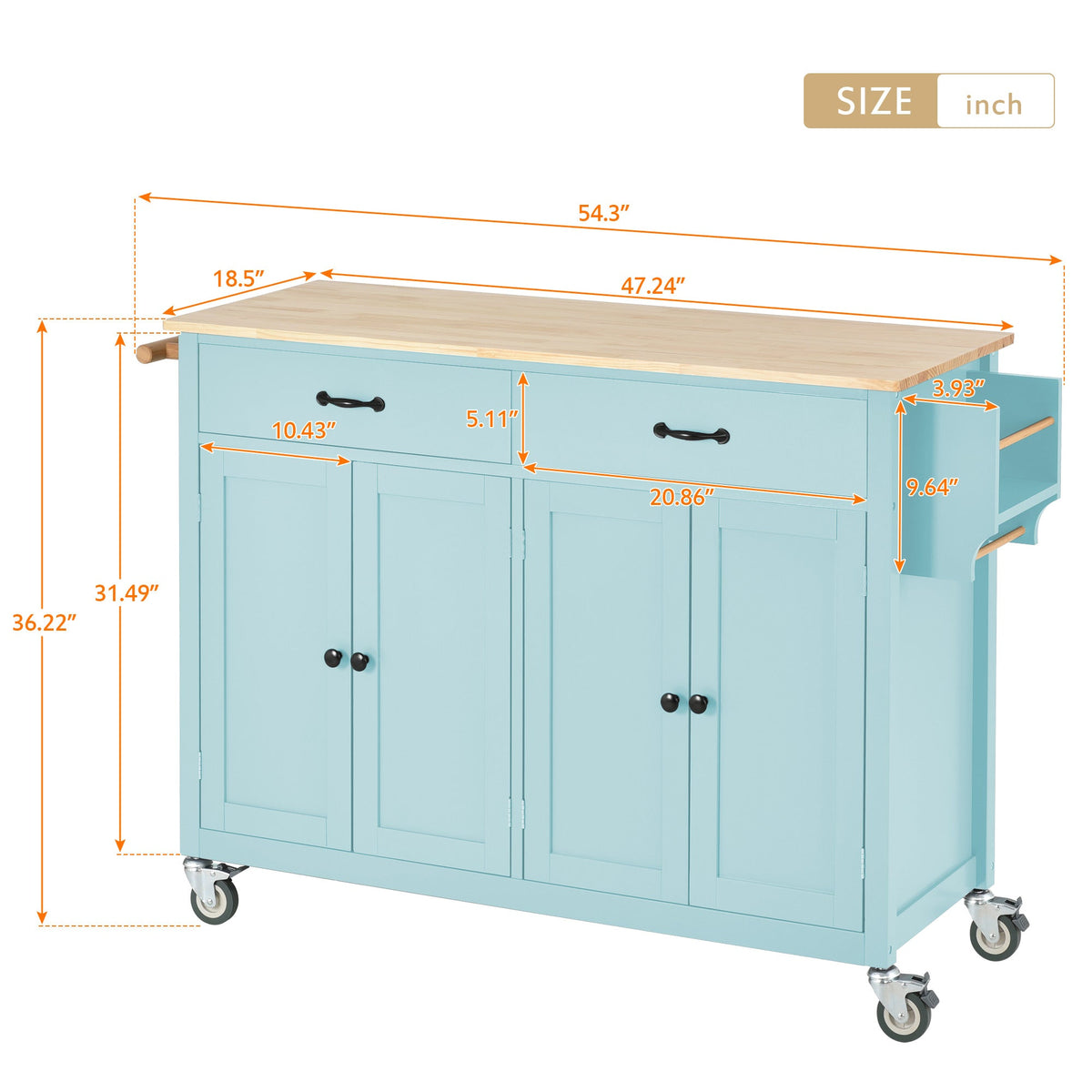 Rolling Kitchen Island Cart with Solid Wood Top & Storage