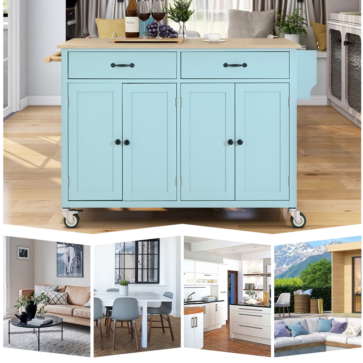 Rolling Kitchen Island Cart with Solid Wood Top & Storage