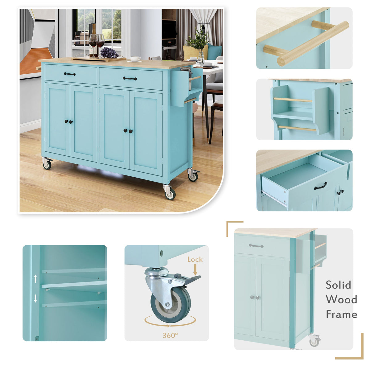 Rolling Kitchen Island Cart with Solid Wood Top & Storage