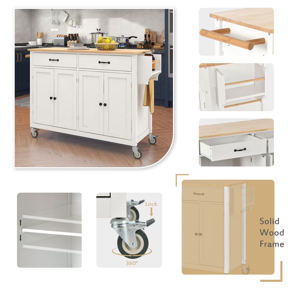 Solid Wood Top Kitchen Island Cart with Locking Wheels