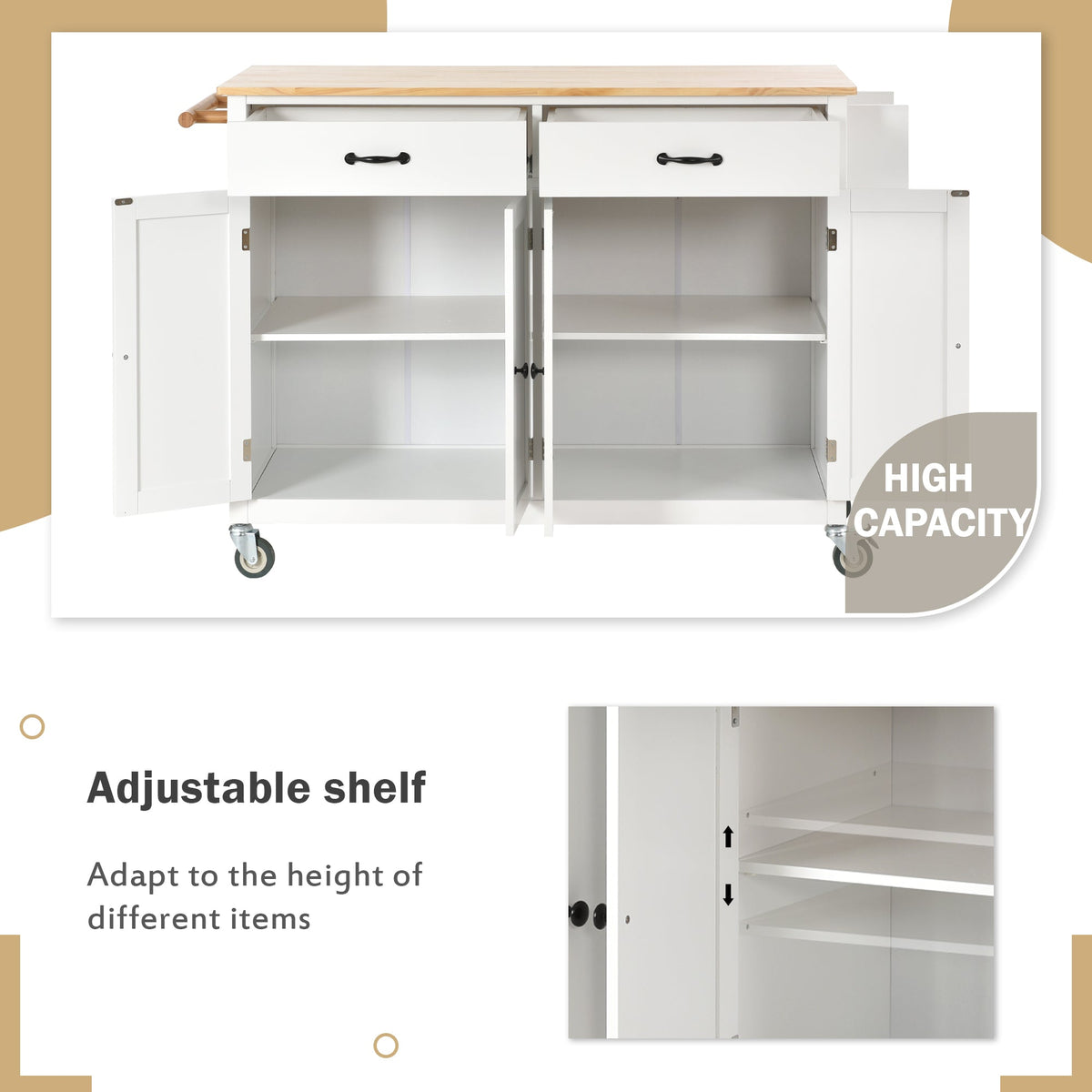 Solid Wood Top Kitchen Island Cart with Locking Wheels