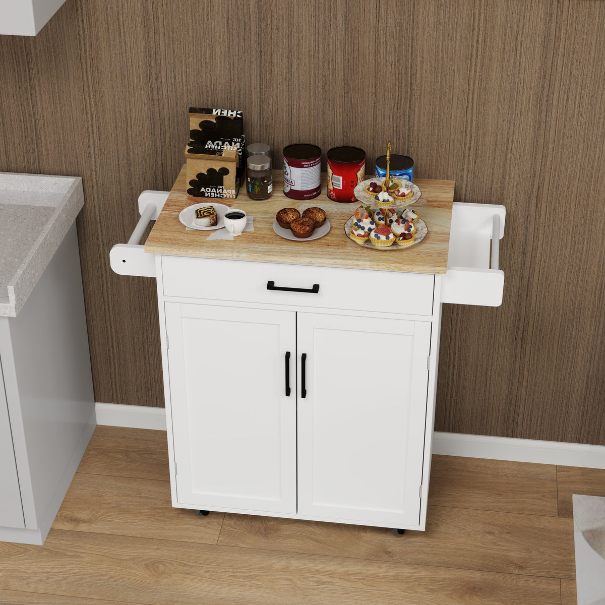 Rolling Kitchen Island Cart with Door Racks & Drawer