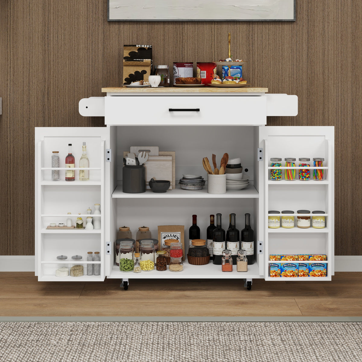 Rolling Kitchen Island Cart with Door Racks & Drawer