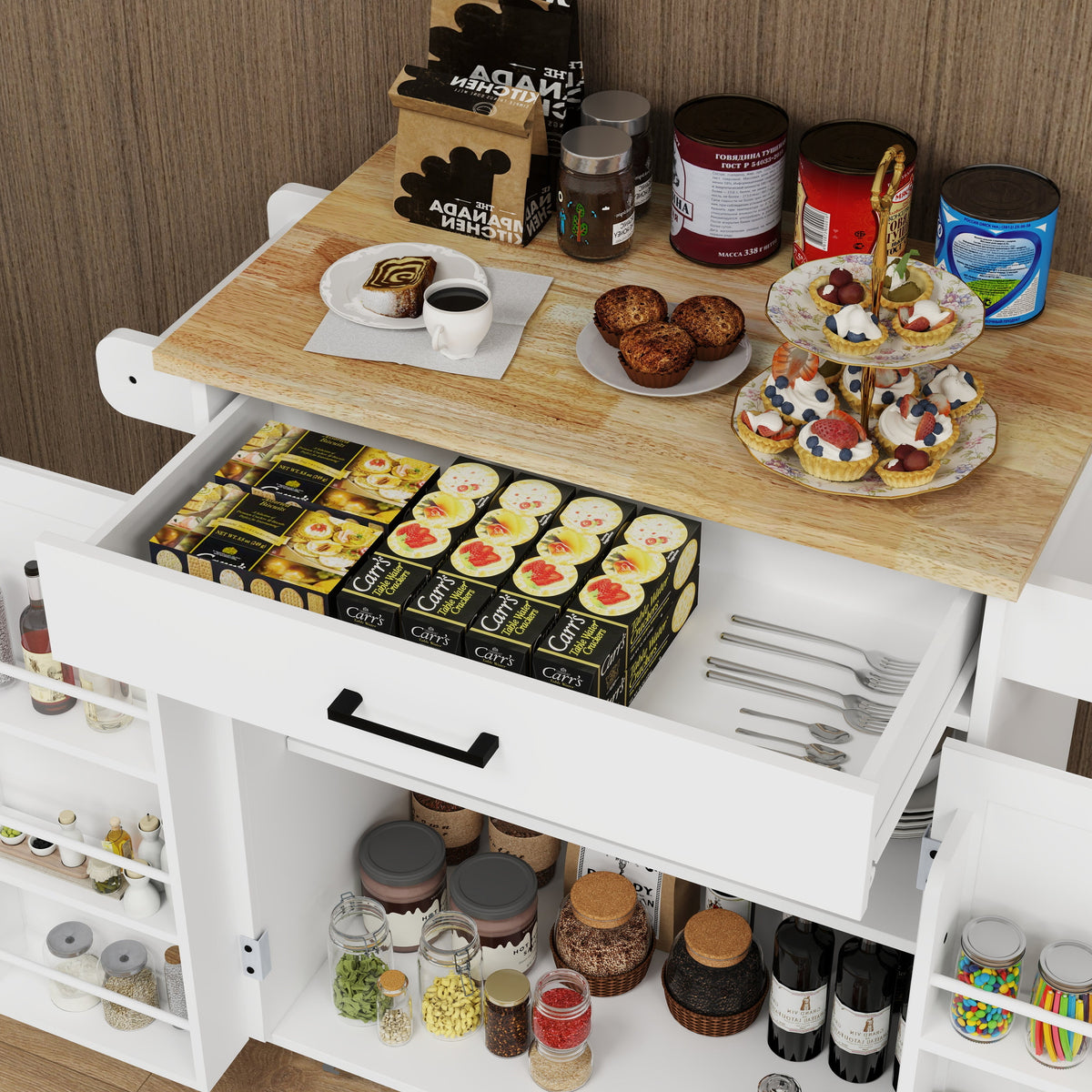 Rolling Kitchen Island Cart with Door Racks & Drawer