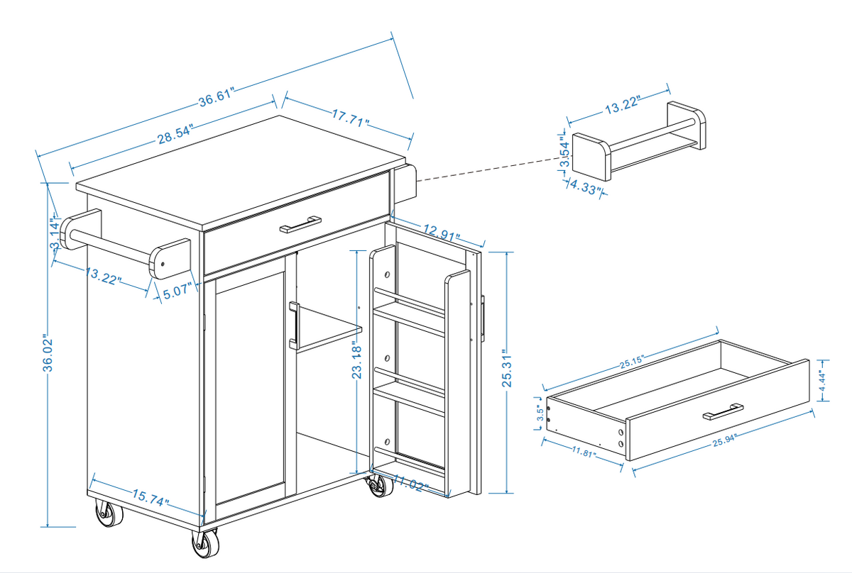 Rolling Kitchen Island Cart with Door Racks & Drawer