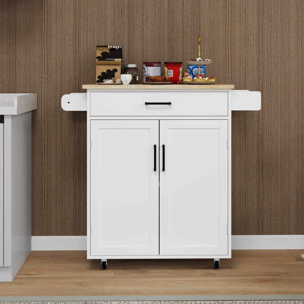Rolling Kitchen Island Cart with Door Racks & Drawer