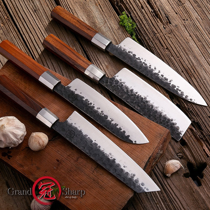 4-Piece Handmade Chef Knife Set with Santoku & Nakiri