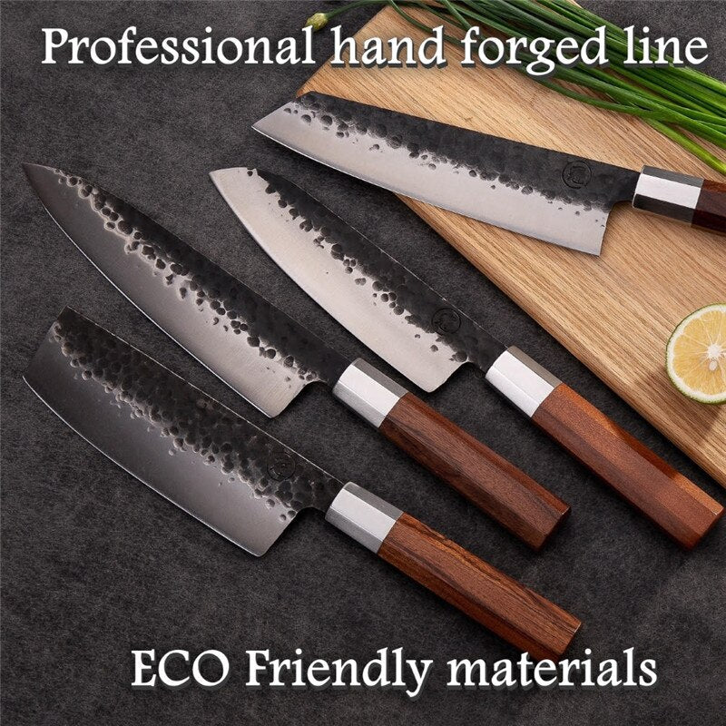 4-Piece Handmade Chef Knife Set with Santoku & Nakiri