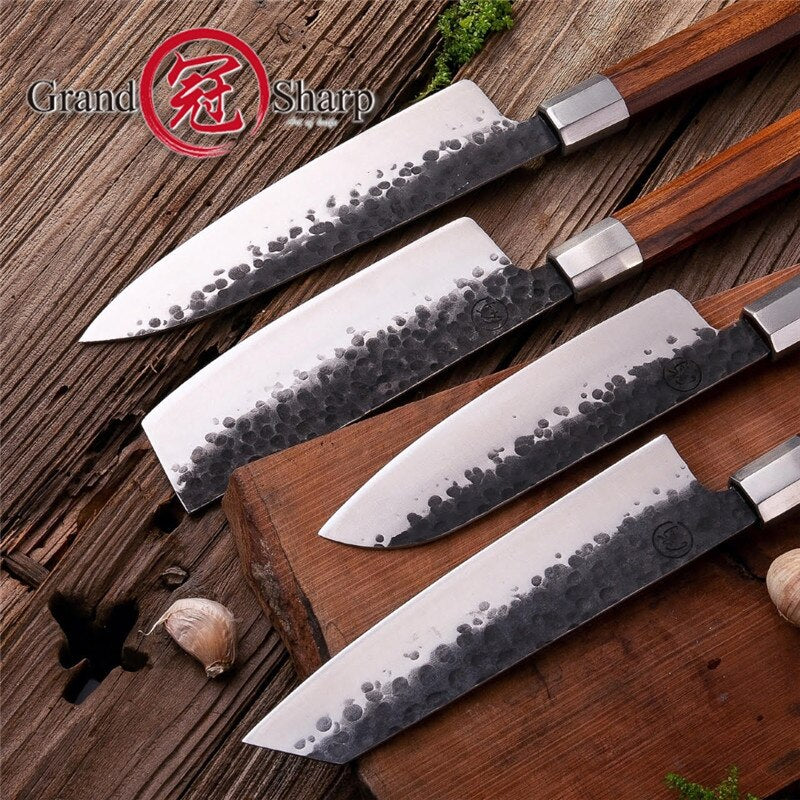 4-Piece Handmade Chef Knife Set with Santoku & Nakiri