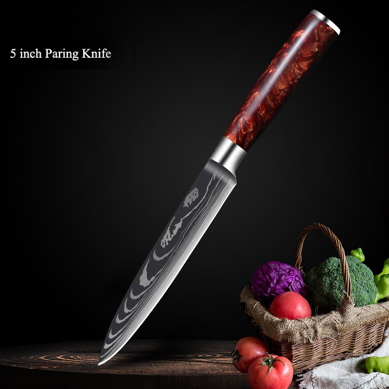 Japanese Chef Knife Set with Damask Pattern Blades