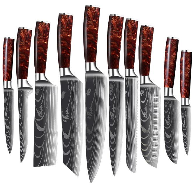 Japanese Chef Knife Set with Damask Pattern Blades