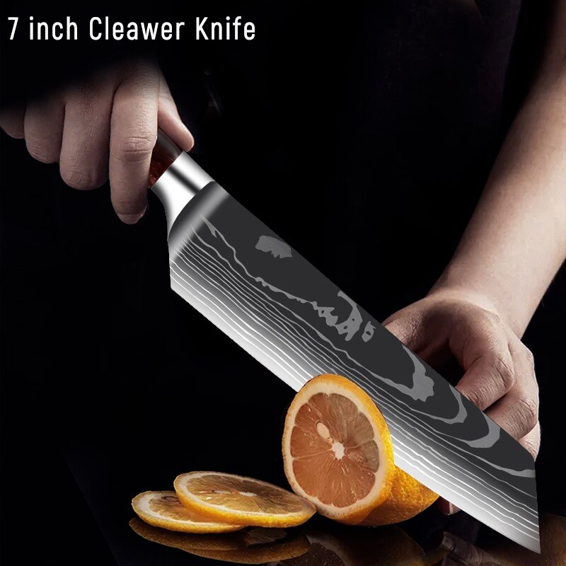 Japanese Chef Knife Set with Damask Pattern Blades