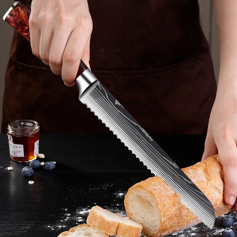 Japanese Chef Knife Set with Damask Pattern Blades