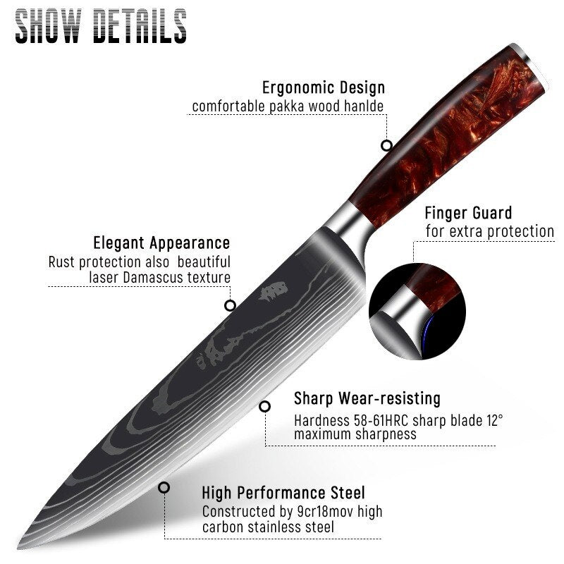 Japanese Chef Knife Set with Damask Pattern Blades