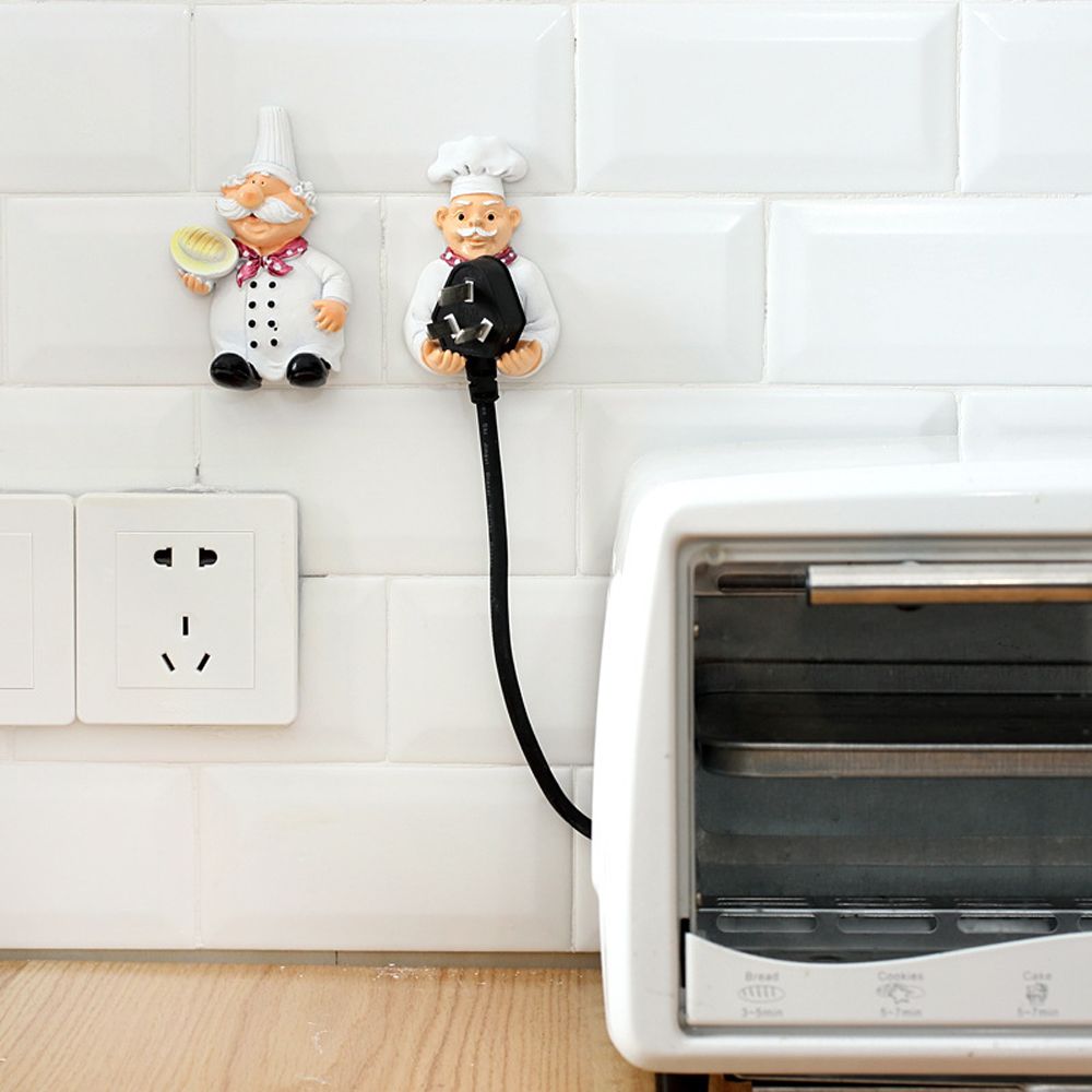 Chef Figurine Plug Holder, Sticky Kitchen Cord Organizer