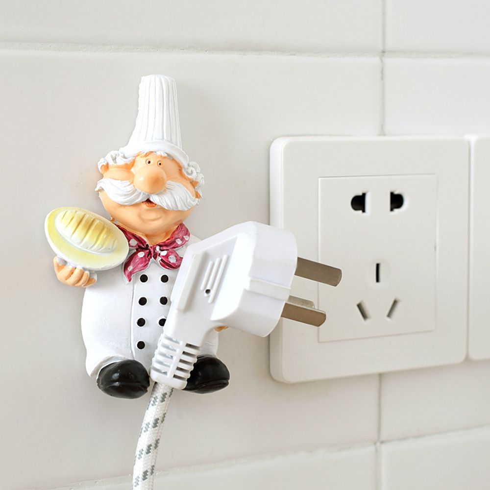 Chef Figurine Plug Holder, Sticky Kitchen Cord Organizer