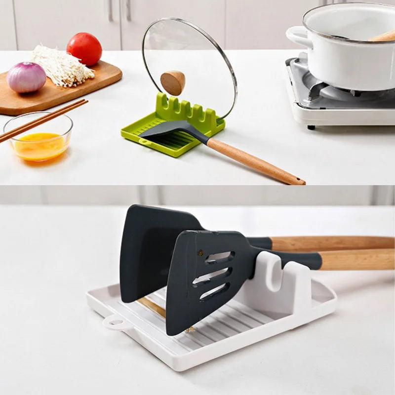 Stove-Side Spoon Rest with Drip Tray and Lid Holder