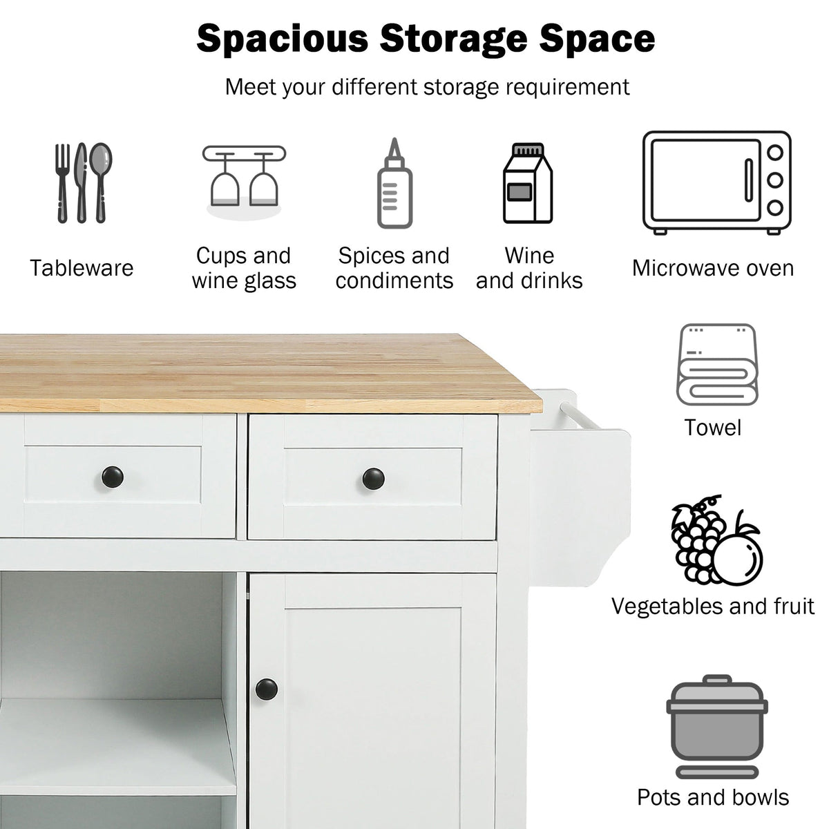 Rubber Wood Kitchen Island Cart with Drop Leaf Extensions