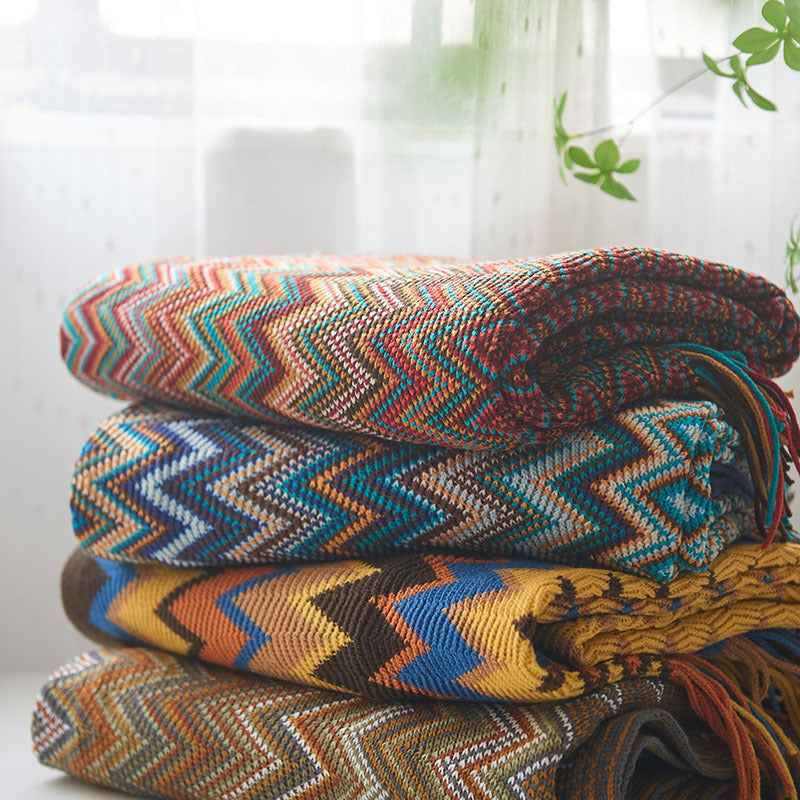 Bohemian Knitted Throw Blanket for Cozy Colorful Decor