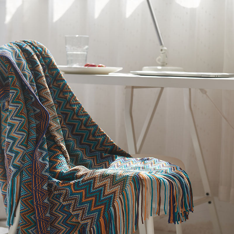Bohemian Knitted Throw Blanket for Cozy Colorful Decor