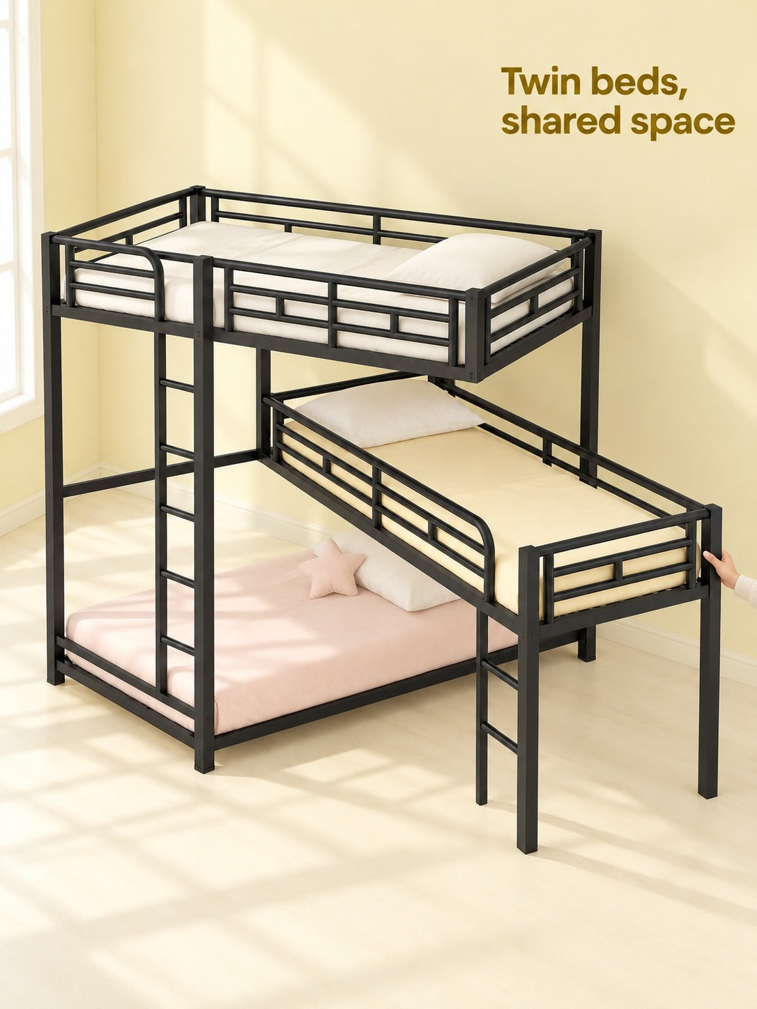 L-Shaped Triple Twin Bunk Bed for Shared Kids' Rooms