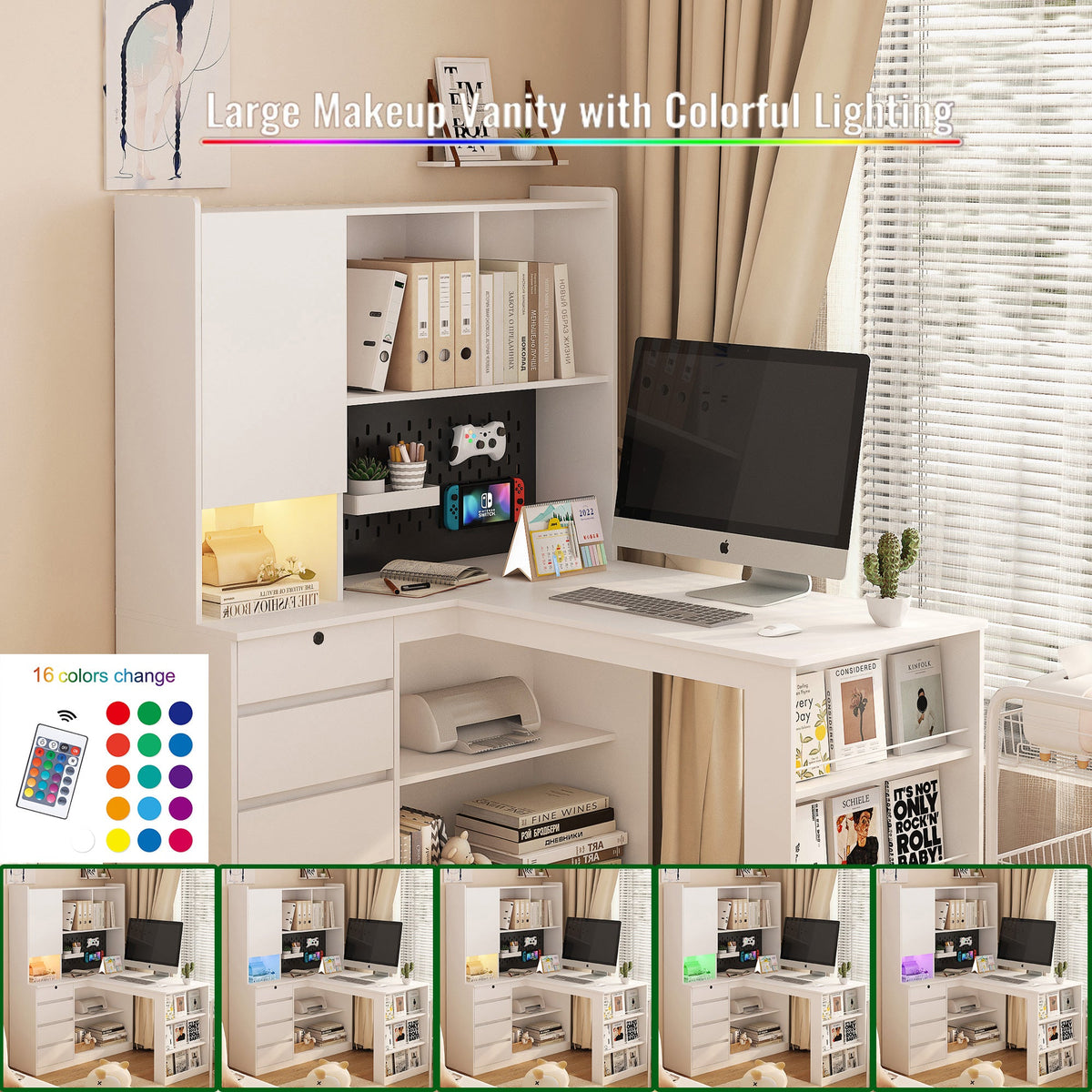 L-Shaped Office Desk with Hutch, Drawers and LED Light