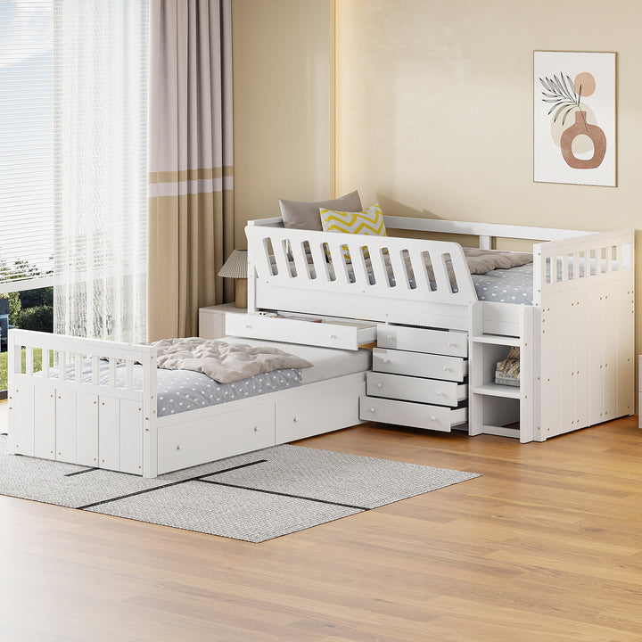 Full-Size L-Shaped Loft Bed with 7 Drawers and Guardrails
